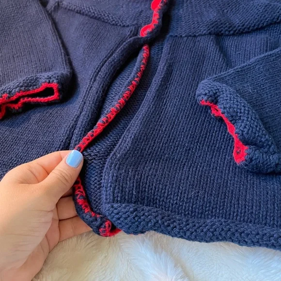 Bella Bliss 100% Handmade Knit Cardigan Dark Navy Red Edges Size Girls 6 - Picture 3 of 5